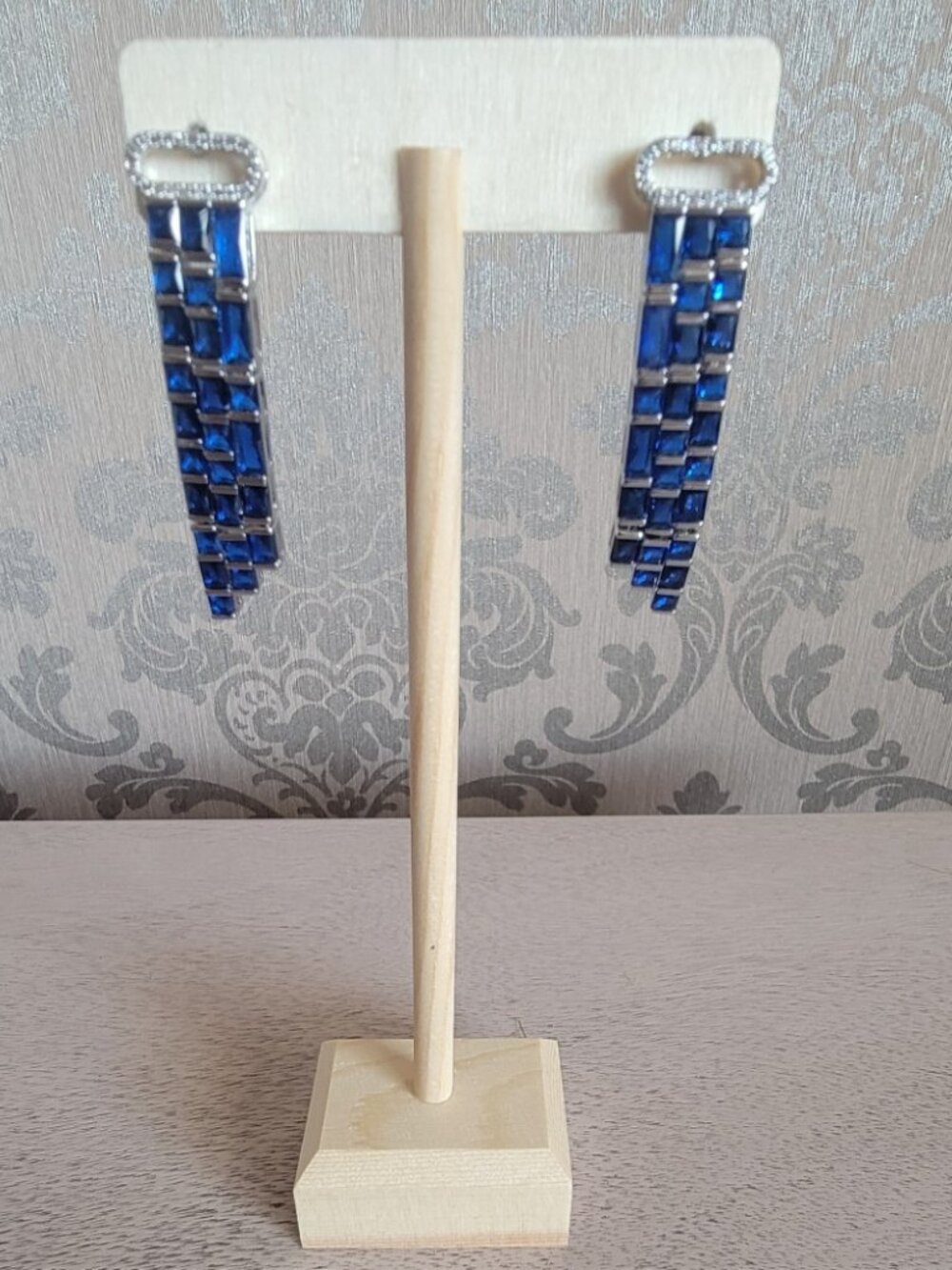Blue Glass and Simulated Diamond Earrings in Silver Tone